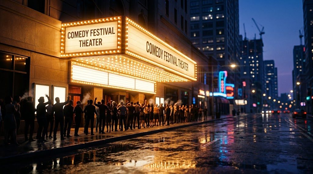 Comedy club marquee at night